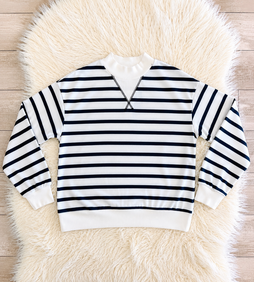 Navy Blue Striped Women’s Evermmee Mock neck Pant Set