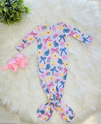 Girl’s Floral and Bow Printed Knotted Gown with Matching Headband
