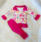 Girl’s Vibrant Bow Pattern Pink Ruffle Trim Quarter Zip Outfit