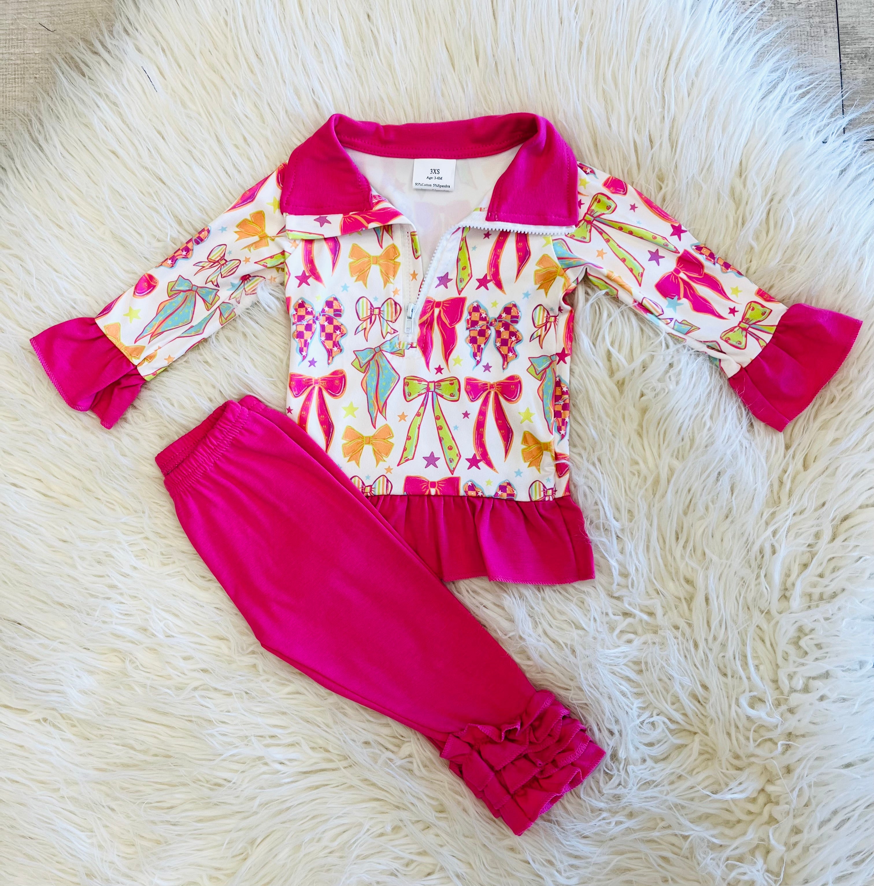 Girl’s Vibrant Bow Pattern Pink Ruffle Trim Quarter Zip Outfit