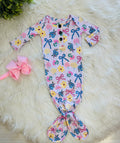 Girl’s Floral and Bow Printed Knotted Gown with Matching Headband