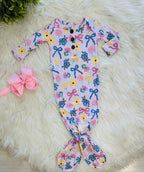 Girl’s Floral and Bow Printed Knotted Gown with Matching Headband