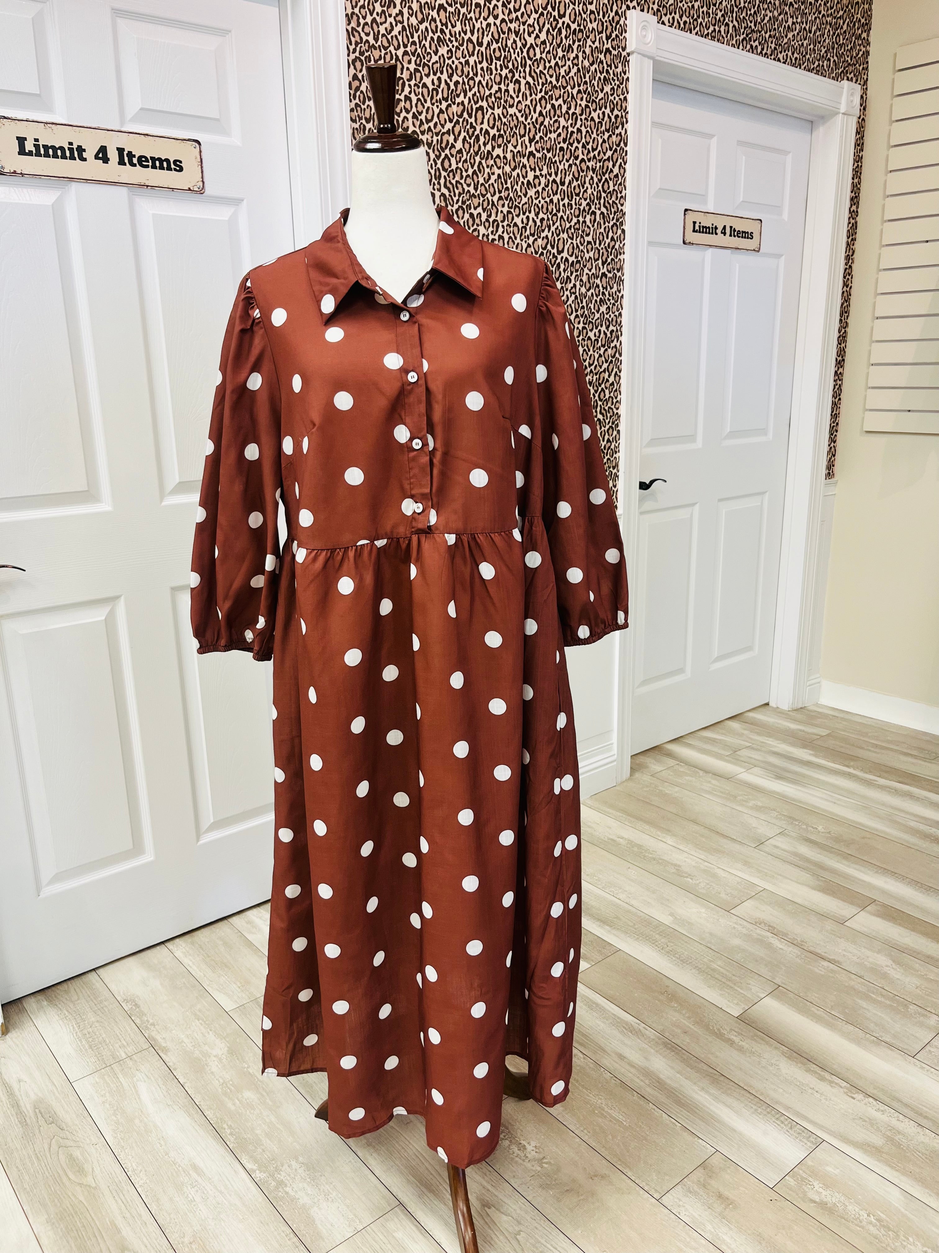 Women’s Evermmee Brown Polka Dot Dress with Pockets- Loose Fit