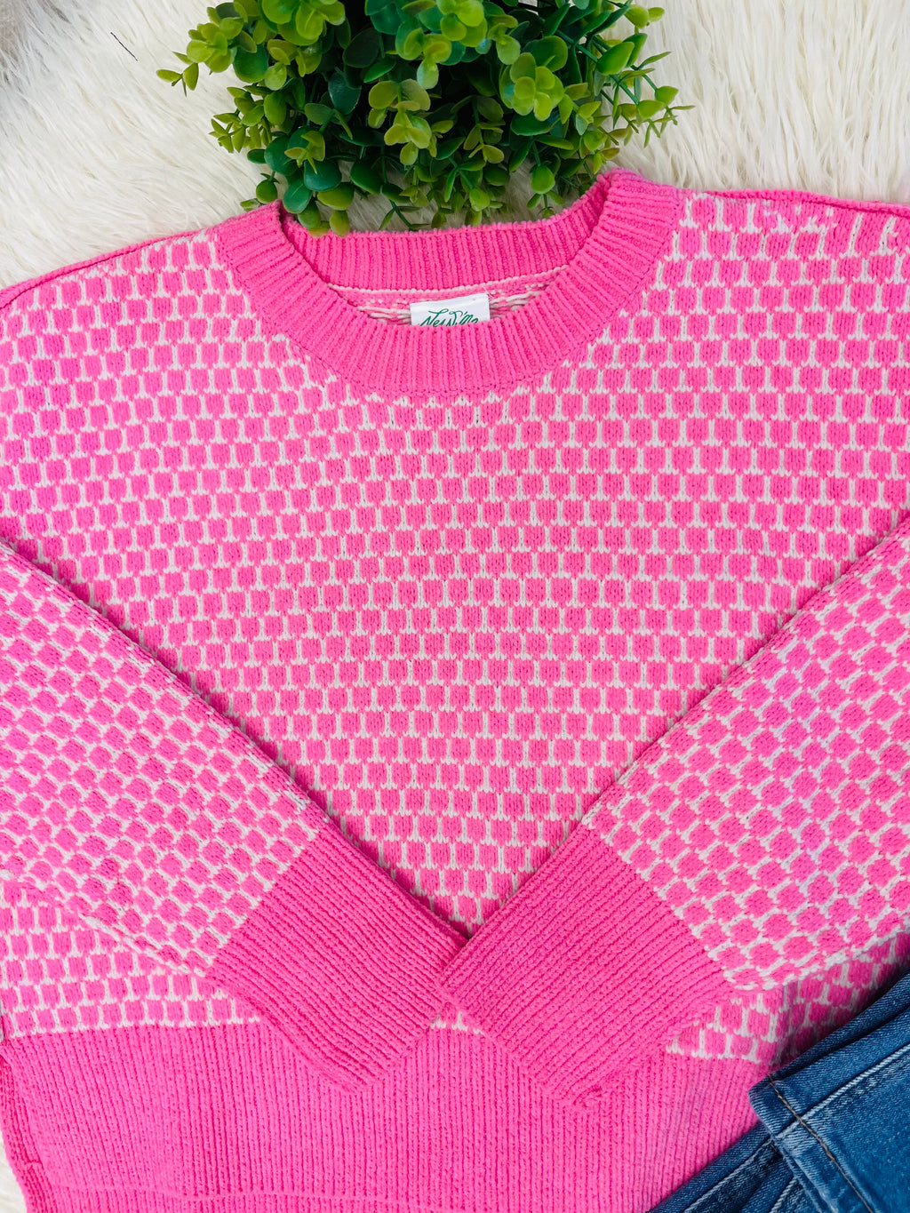 Women’s Pink And Cream Checkered Knit Sweater