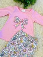 Girls Pink Bow Floral Ruffle Pant Outfit