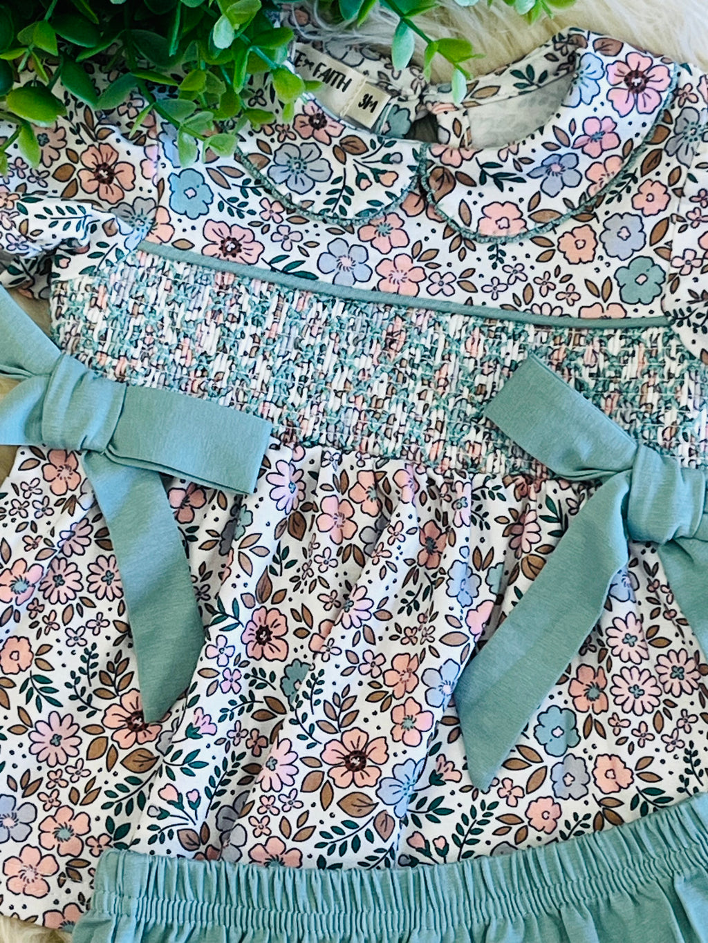 Girl’s Sage Green Smocked Baby Bloomer Set