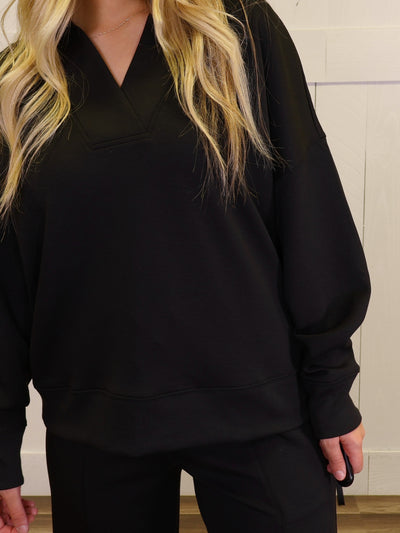 Zenana Scuba Collared  Pullover Pant Set Black