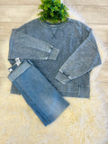 Women’s Acid Wash Long Sleeve Side Slit Knit Top In Indigo Blue
