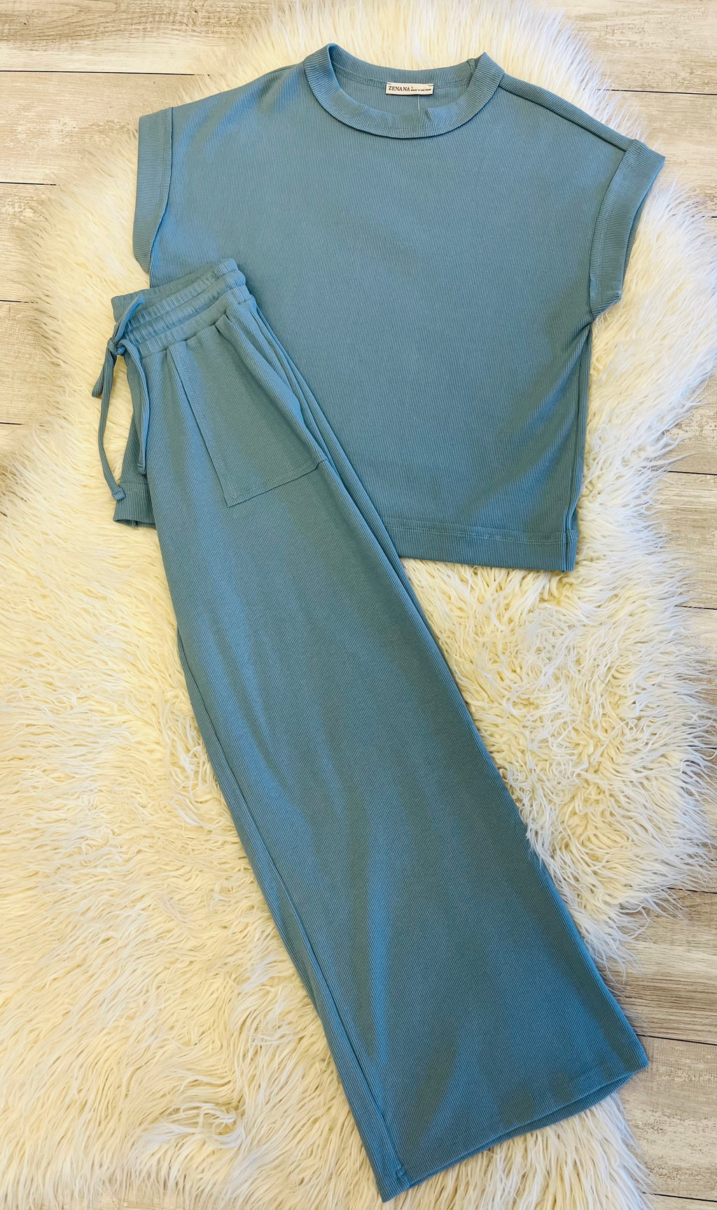 Women’s Zenana Blue Grey Ribbed Cuff Sleeve Pant Set - True to Size Oversized Look