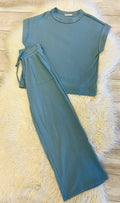 Women’s Zenana Blue Grey Ribbed Cuff Sleeve Pant Set - True to Size Oversized Look