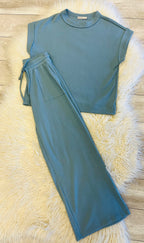 Women’s Zenana Blue Grey Ribbed Cuff Sleeve Pant Set - True to Size Oversized Look