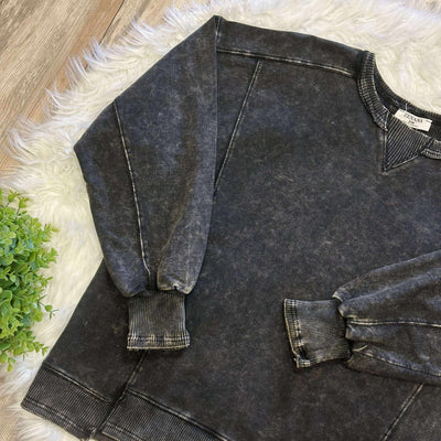 Zenana Basic French Terry Acid Wash Pullover Sweater Ash Black