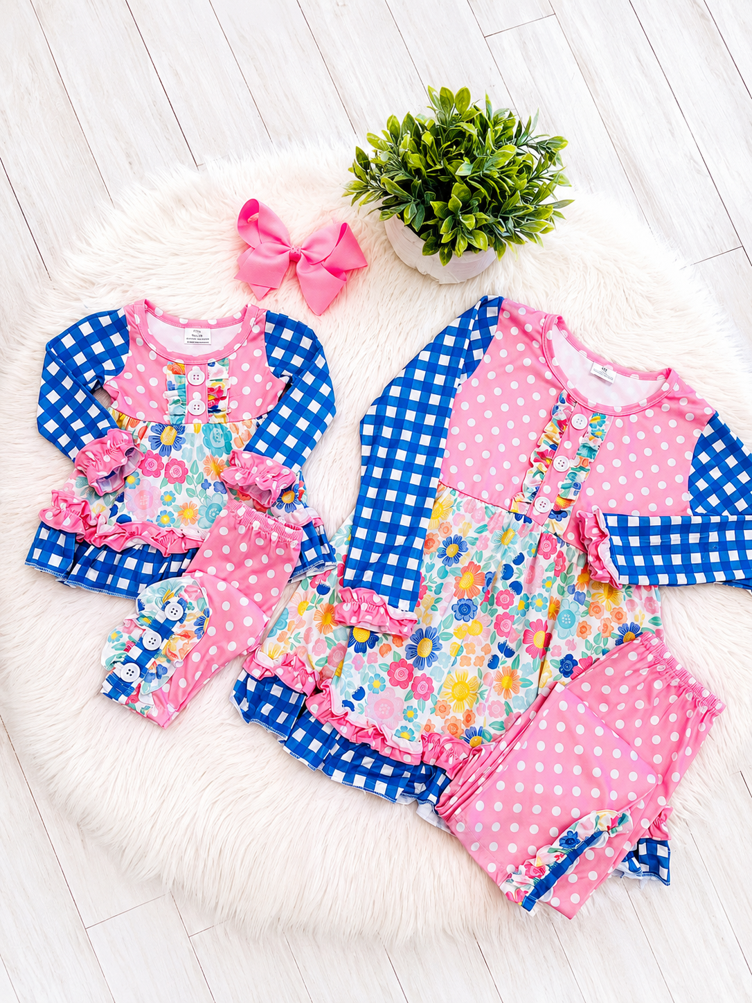 Girl’s Pink and Blue Mixed Print Outfit Set