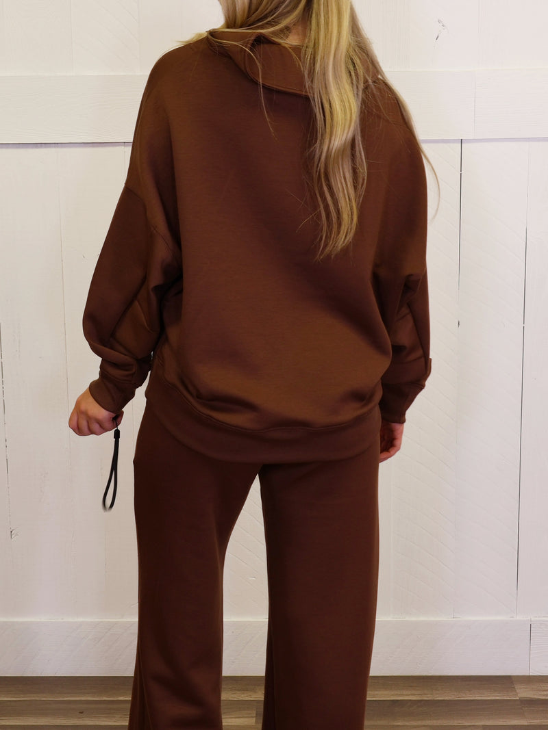 Zenana Scuba Collared  Pullover Pant Set Brown
