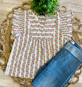 Women’s Floral Print V-Neck Top With Smoked Ruffled Sleeves