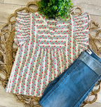 Women’s Floral Print V-Neck Top With Smoked Ruffled Sleeves