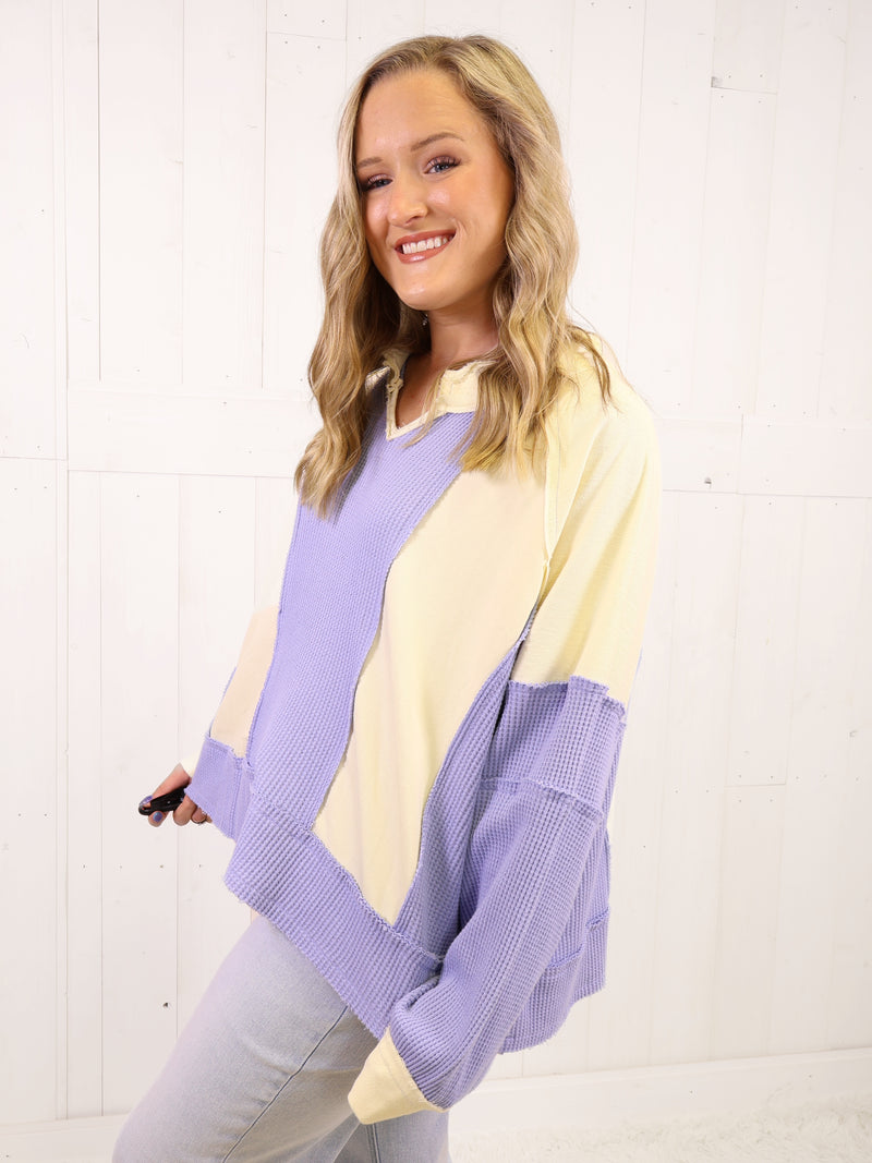 POL Blue Mixed Media Oversized Top - Sweater Pullover