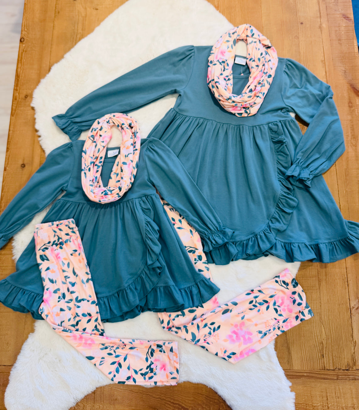 Girls 3 Piece Floral Leggings and Scarf Set