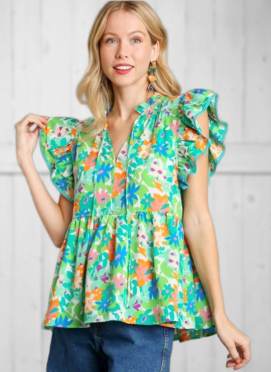 Green Floral Top with Ruffles