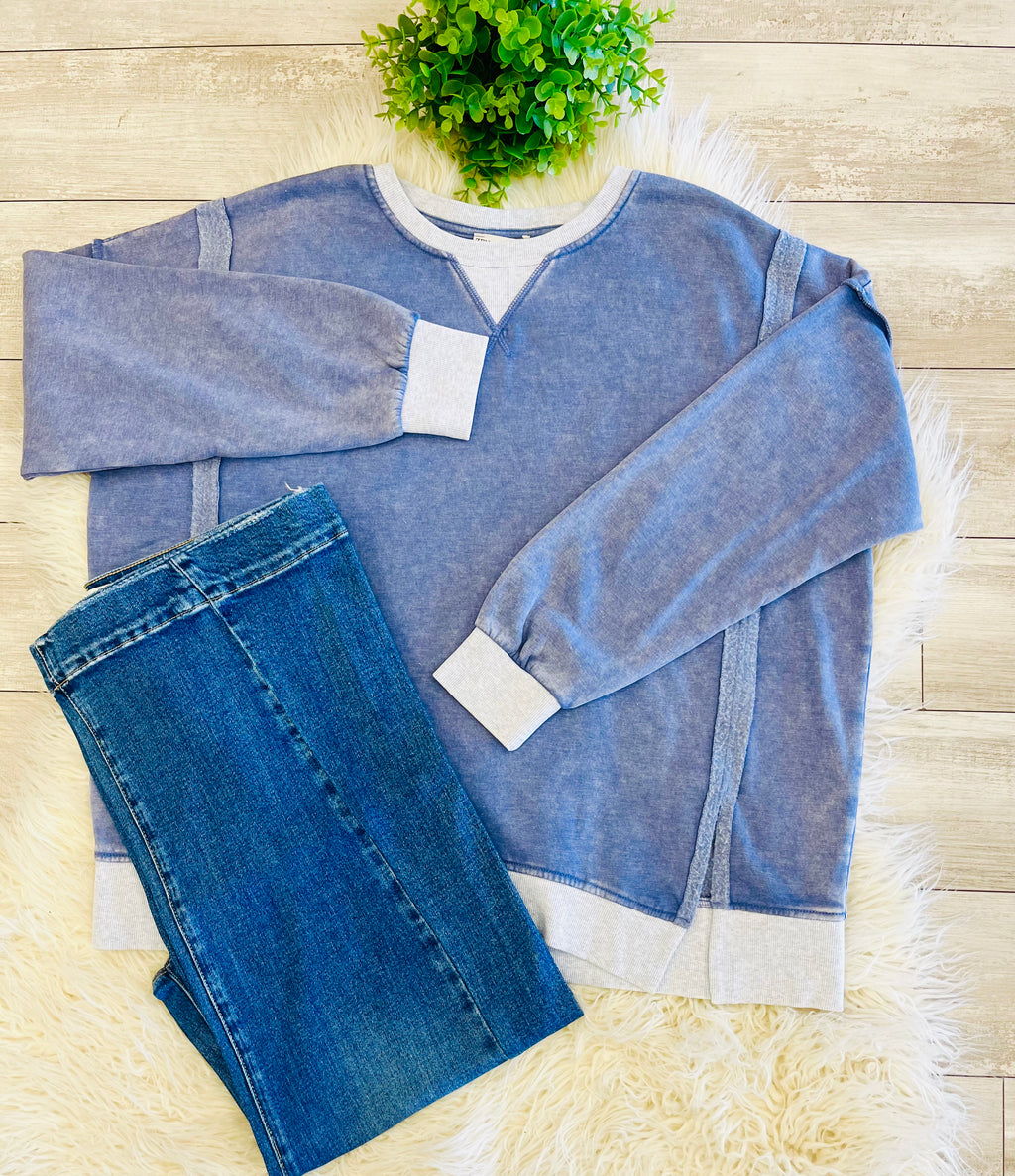 Women’s Curvy Zenana Washed Exposed Seam Sweatshirt In Blue