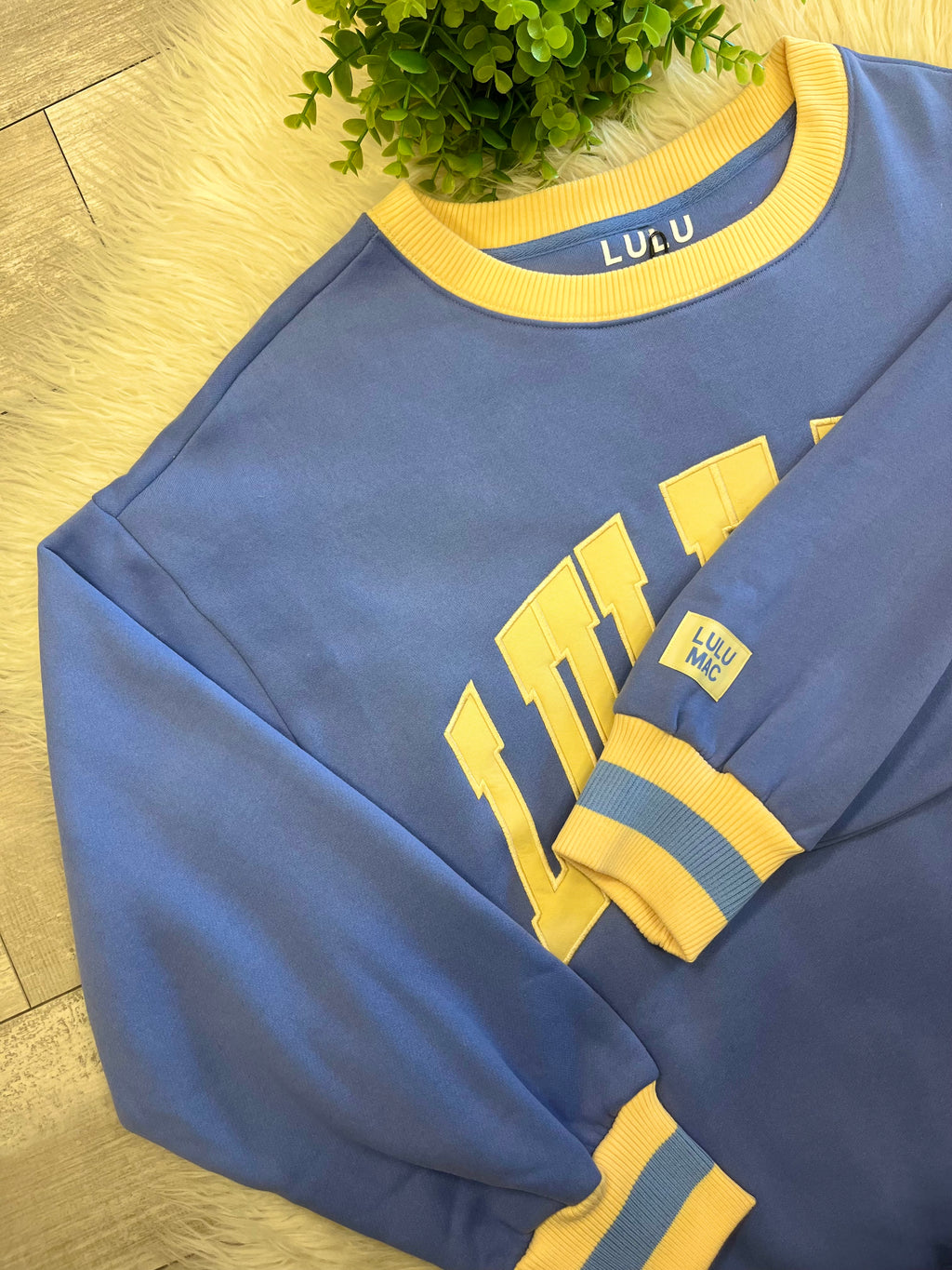 Women’s LuLu Mac Blue & Butter Yellow Striped Ribbed Trim Sweatshirt