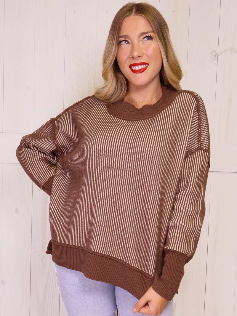 Zenana Exposed Seam Two Tone Brown Sweater