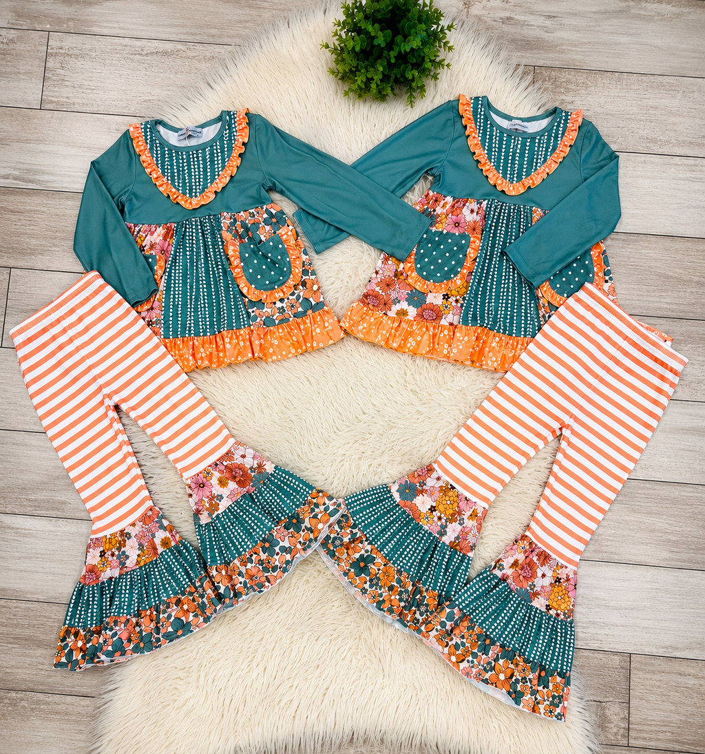 Girl’s Sage Floral Pocket Two- Piece Bell Bottom Ruffle Set