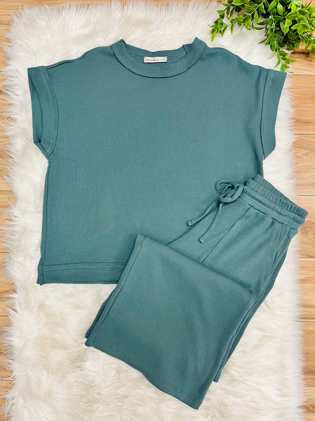 Women’s Zenana Ribbed Cuff Sleeve Jade Pant Set