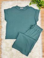 Women’s Zenana Ribbed Cuff Sleeve Jade Pant Set