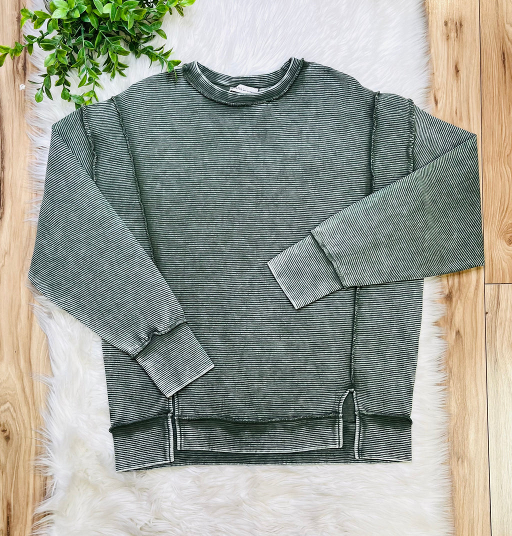 Women’s Zenana Dark Olive Ribbed Raw Hem Crewneck Top