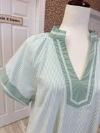 Sage Striped Midi Linen Dress with Pockets by UmGee Women’s - True to Size