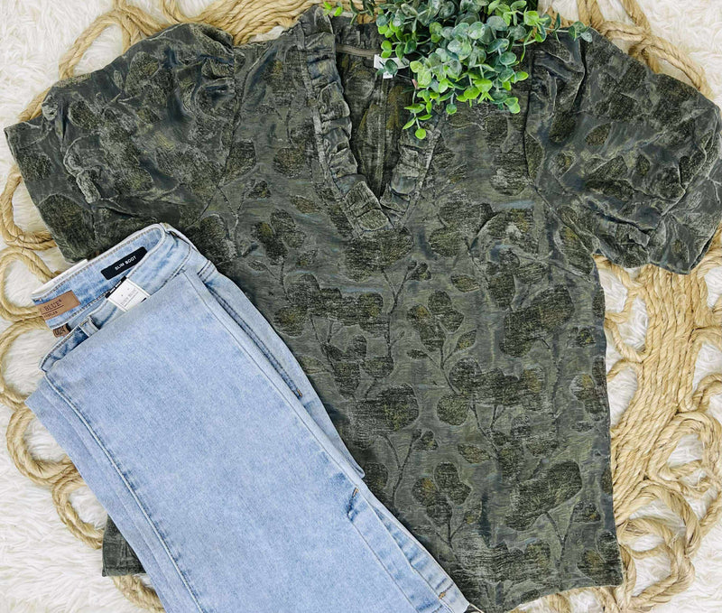 VOY Ruffled V-Neck Suede Top