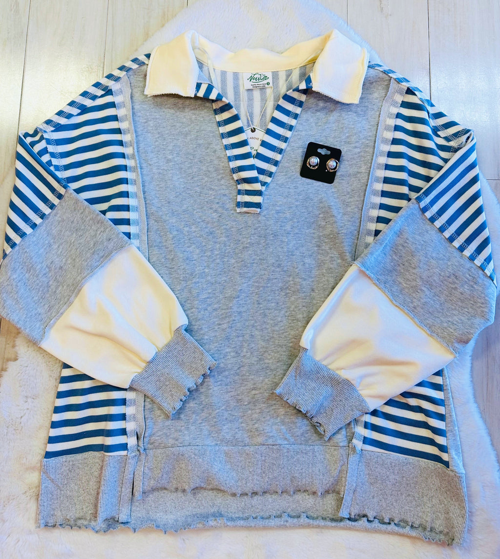 Women’s grey with blue stripes collared sweatshirt-oversized