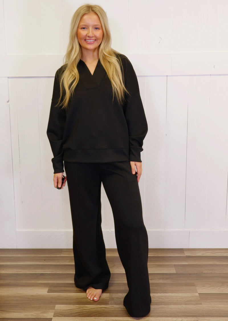 Zenana Scuba Collared  Pullover Pant Set Black