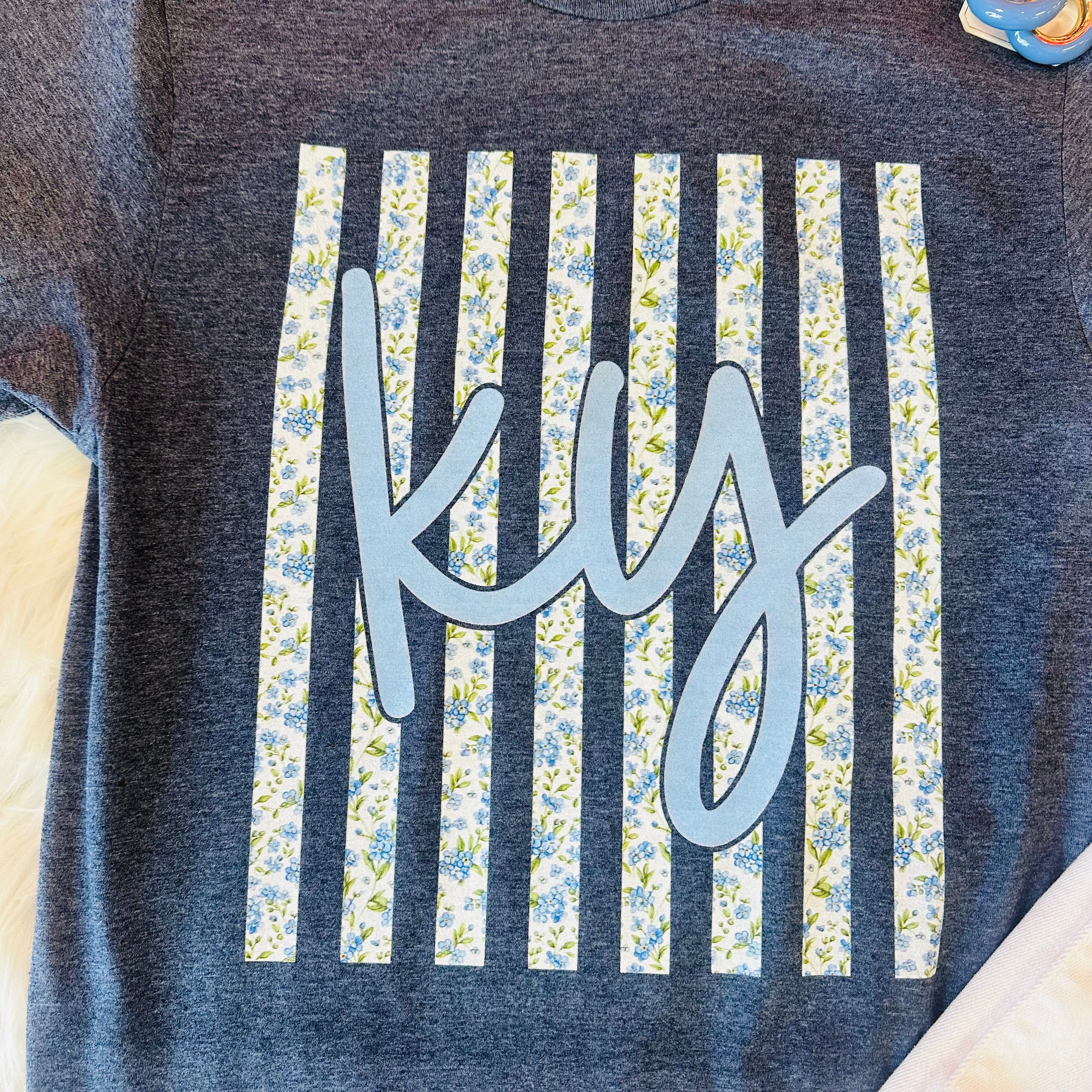 Women’s blue floral stripe KY tee shirt