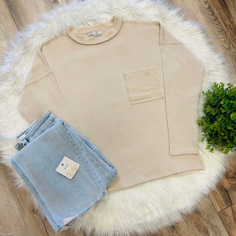 Zenana Ribbed Raw Edge Pocket Top Sand Beige