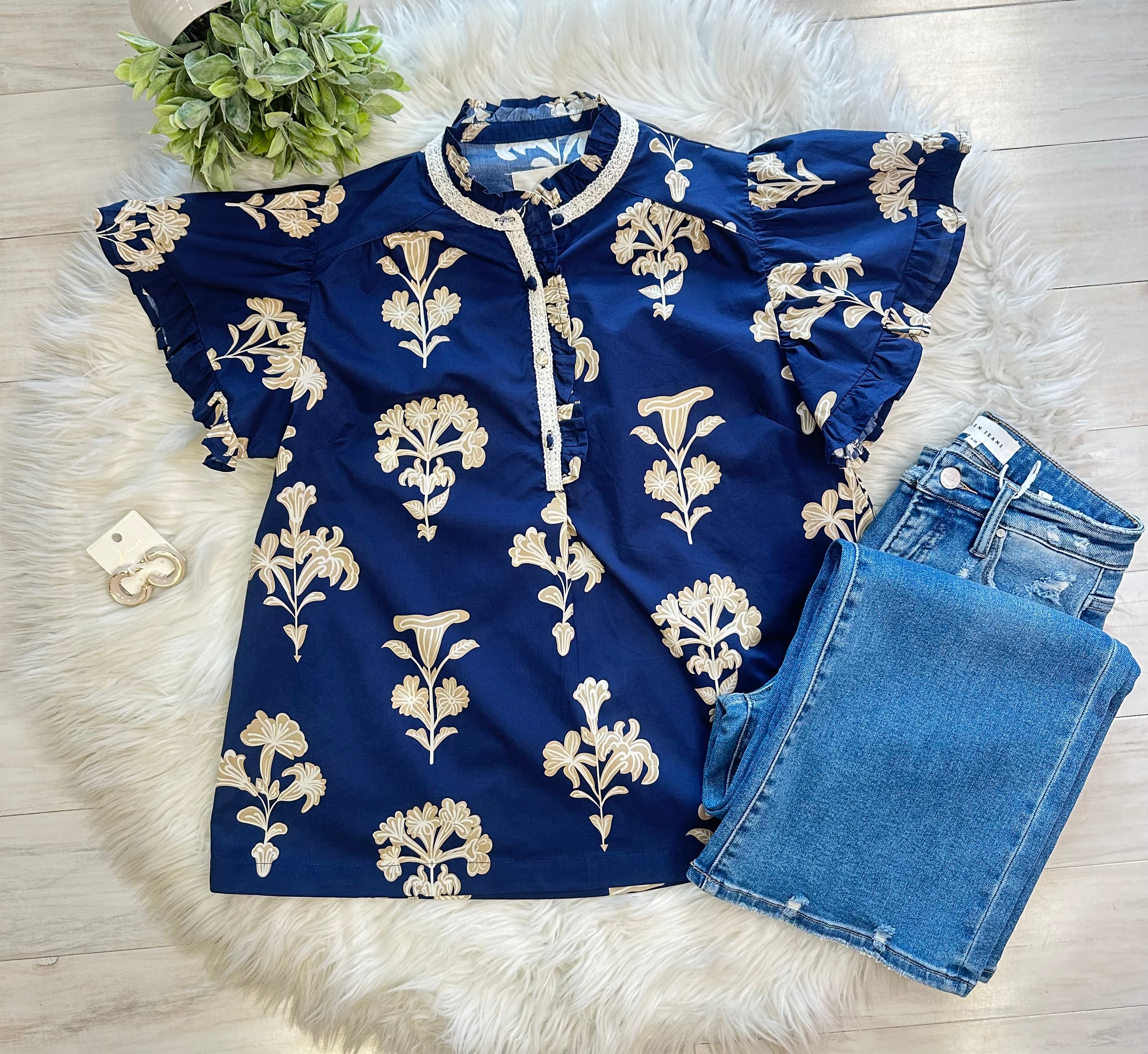 Women’s Umgee Navy and Cream Printed Blouse