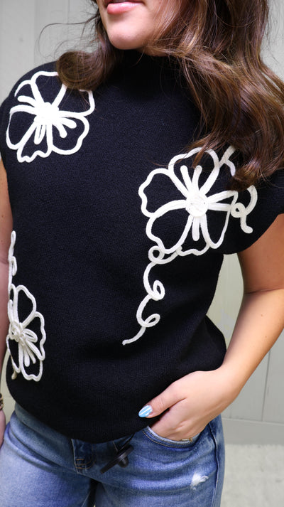 Mock Neck Black Floral Trim Sweater