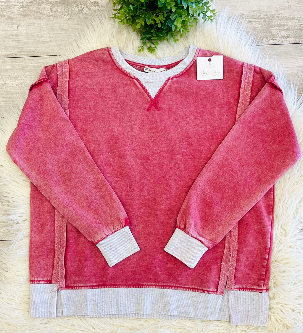 Women’s Zenana Washed Exposed Seam Sweatshirt In Red