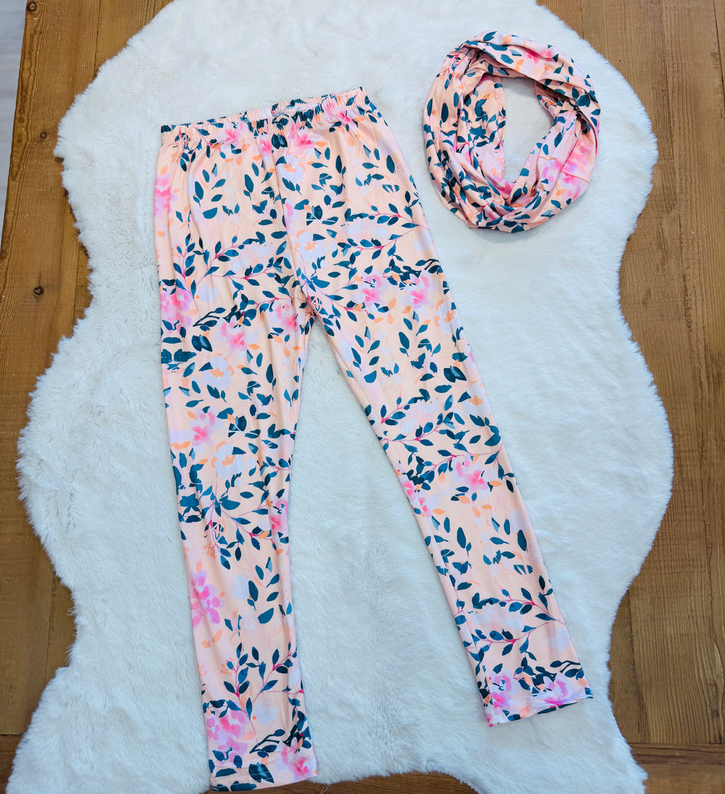 Girls 3 Piece Floral Leggings and Scarf Set