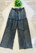 Women’s Evermee Grey Mineral-Washed Wide-Leg Patchwork Pants