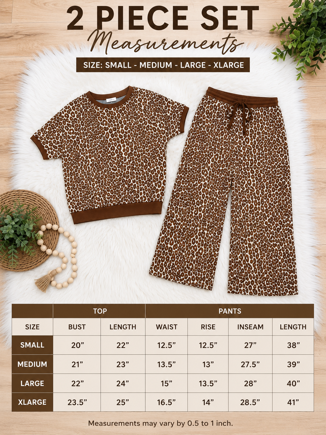 Women’s Anniewear Leopard Texture Knit Top and Wide Pant Set- Loose Fit