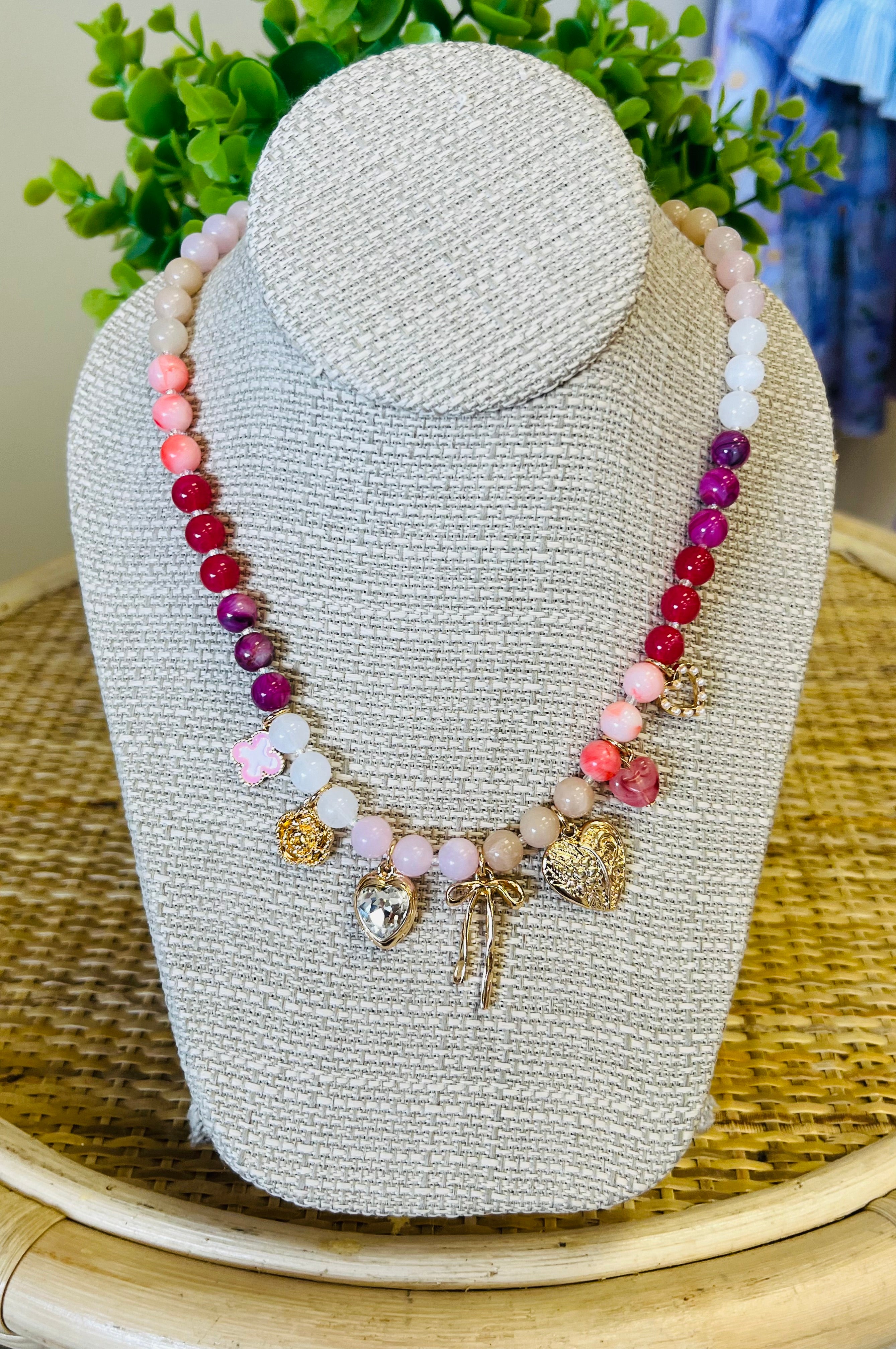 Women’s Beaded Bow Heart Charm Necklace