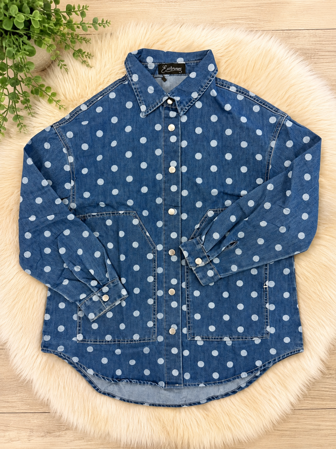 Polka Dot Denim Button Up Top by Evermmee Womens