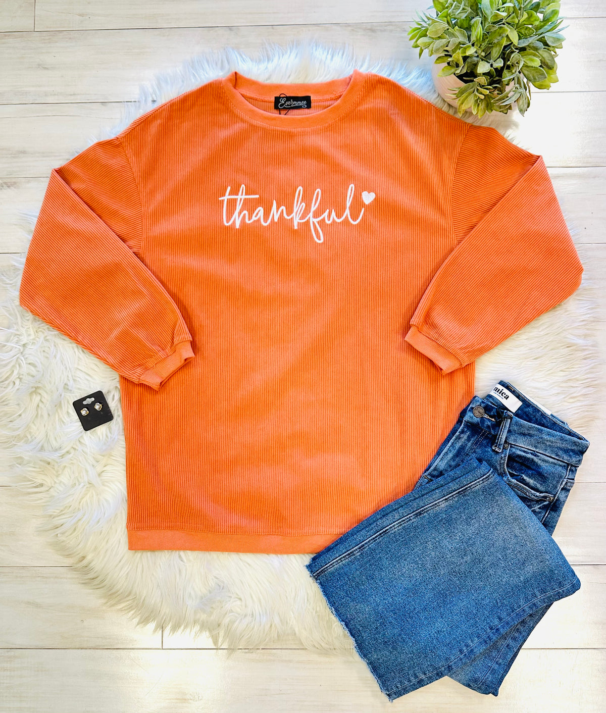 Women’s Evermmee Orange “Thankful” Ribbed Sweater Top - True to Size