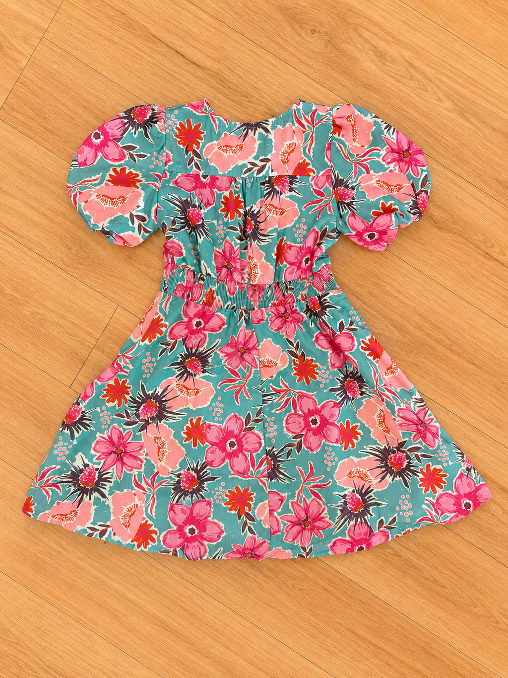 Girls Floral Smocked Waist Puff Sleeve Dress