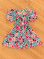 Girls Floral Smocked Waist Puff Sleeve Dress