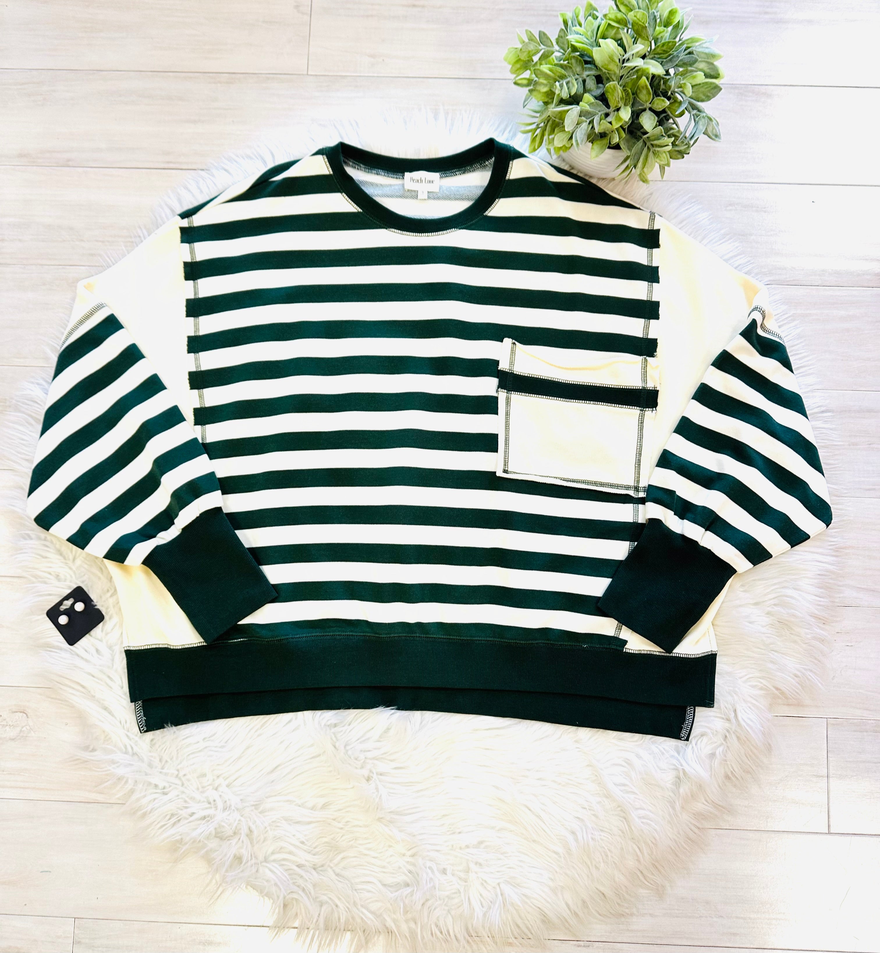 Women’s Peach Love Striped Forest Green Sweater Top