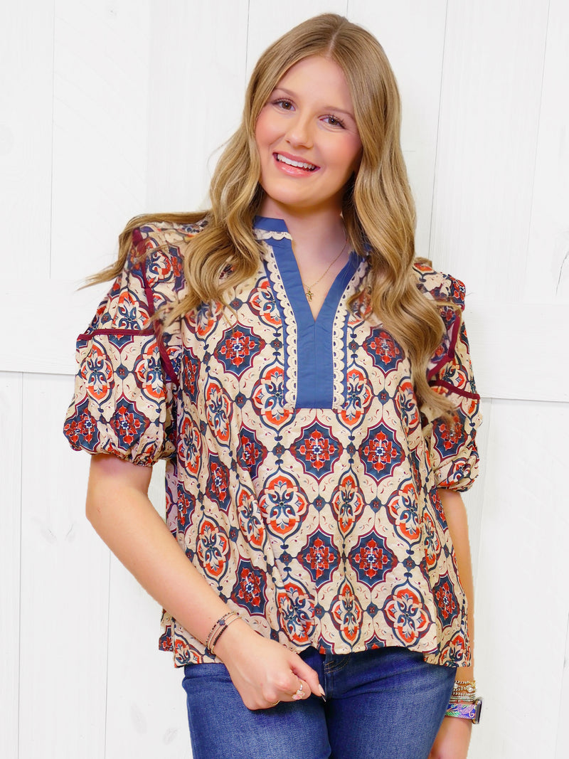 Teal Contrast V Neck Mixed Print Top
