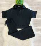 Women’s Zenana Short Sleeve Collared Scuba Set in Jet Black